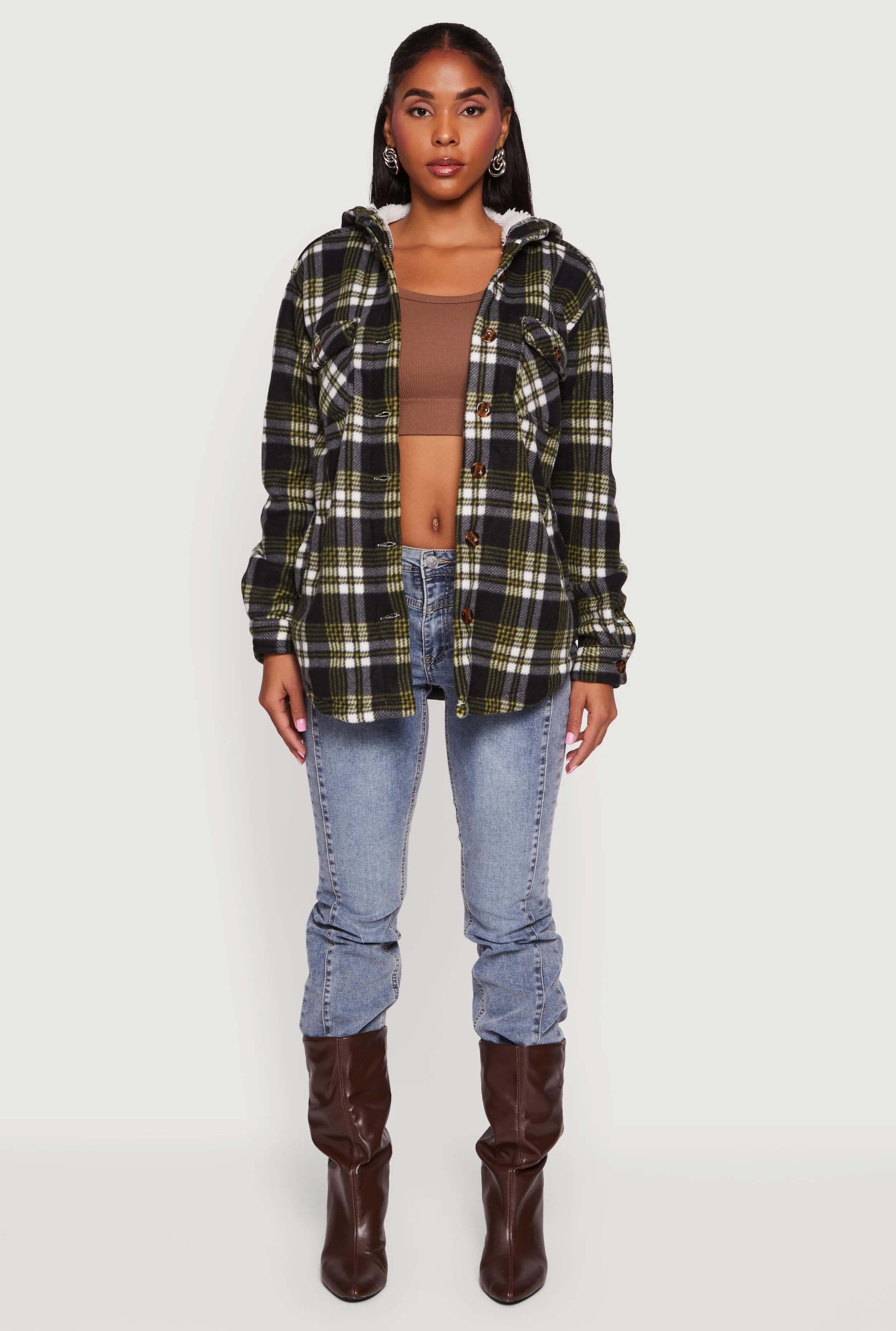 Plaid Sherpa Lined Hooded Button Front Shacket sold by Rainbow