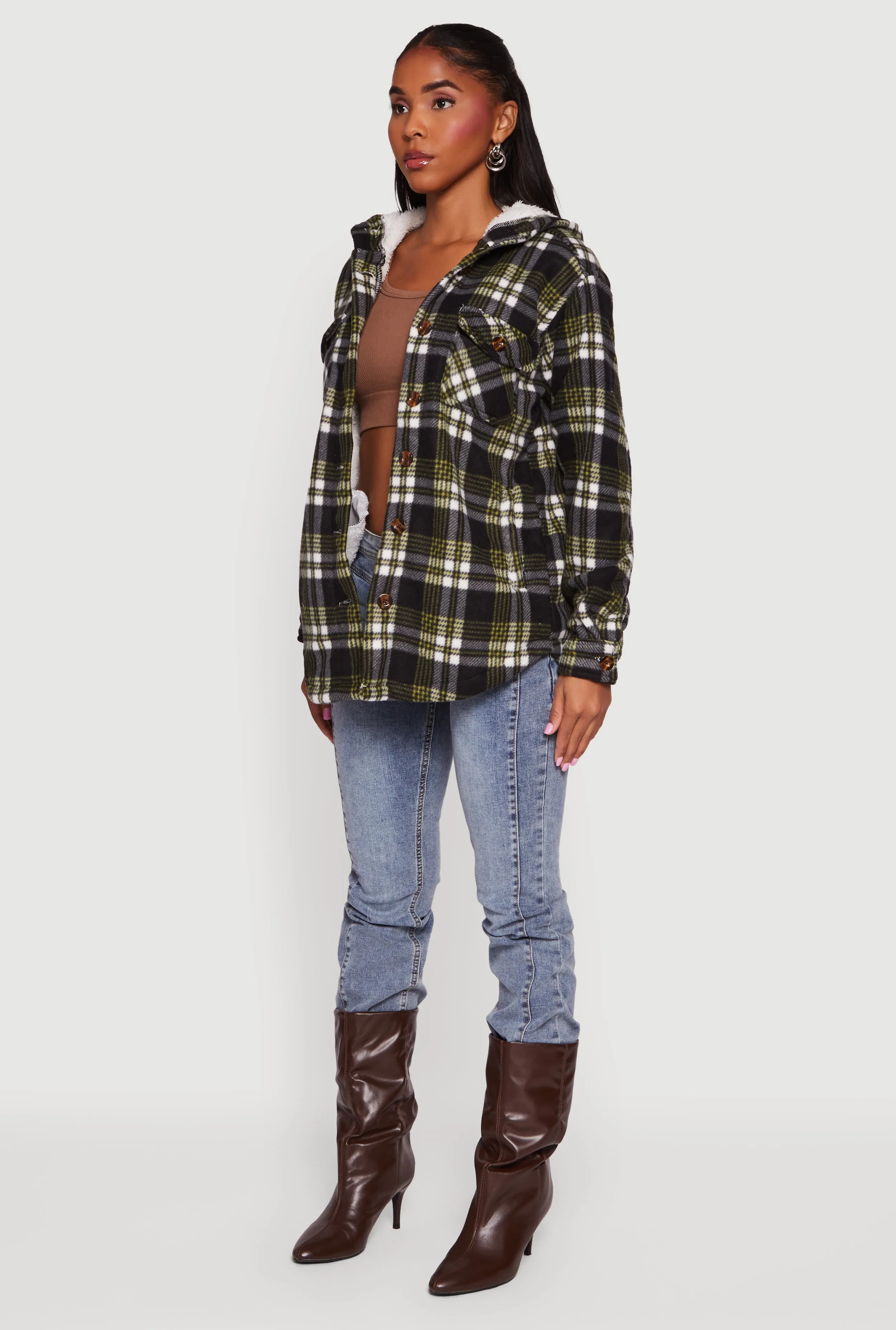 Plaid Sherpa Lined Hooded Button Front Shacket sold by Rainbow product image thumbnail 5