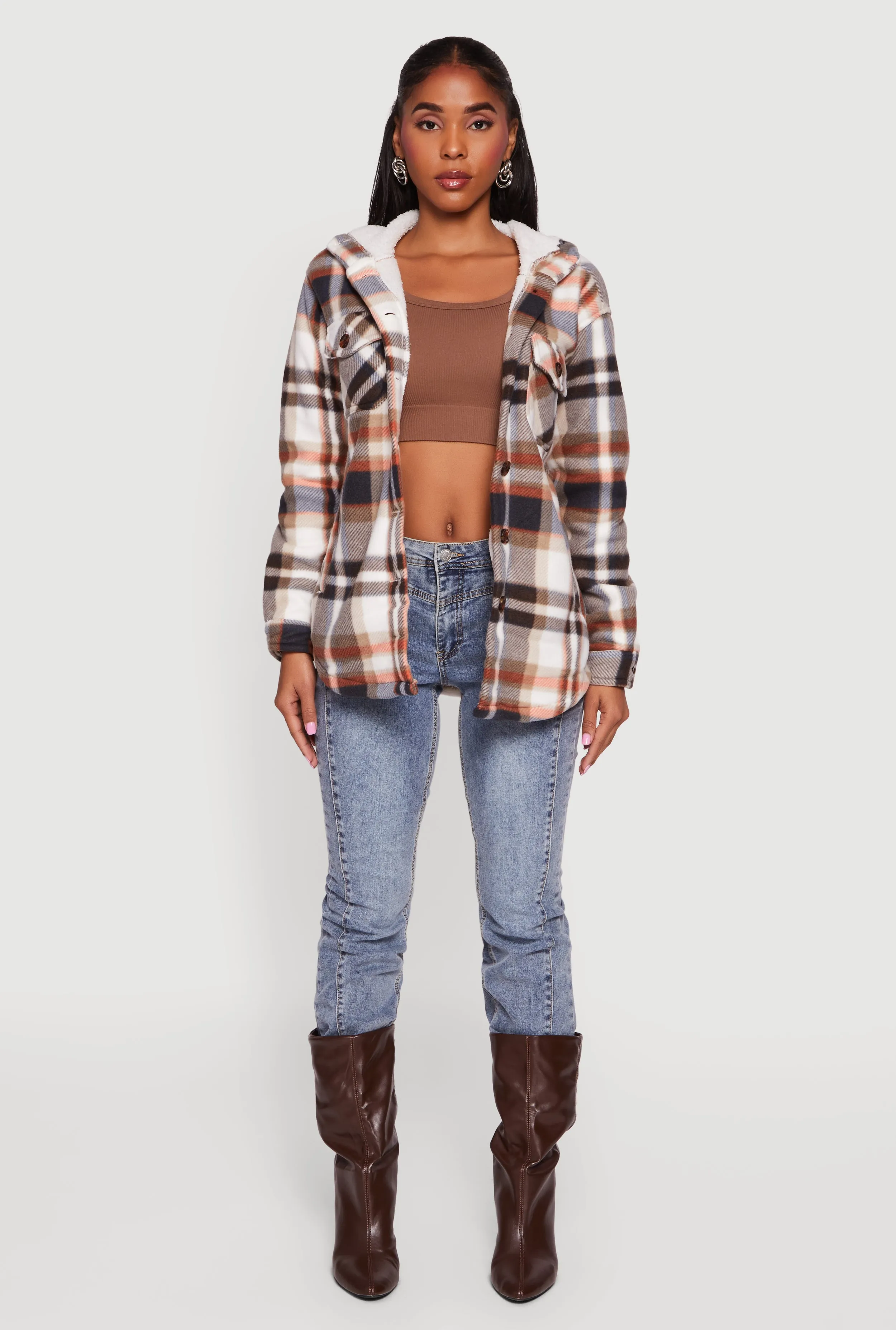 Plaid Sherpa Lined Hooded Button Front Shacket sold by Rainbow product image thumbnail 3