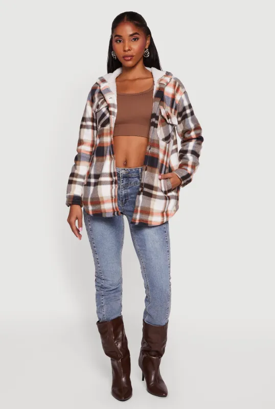 Plaid Sherpa Lined Hooded Button Front Shacket sold by Rainbow
