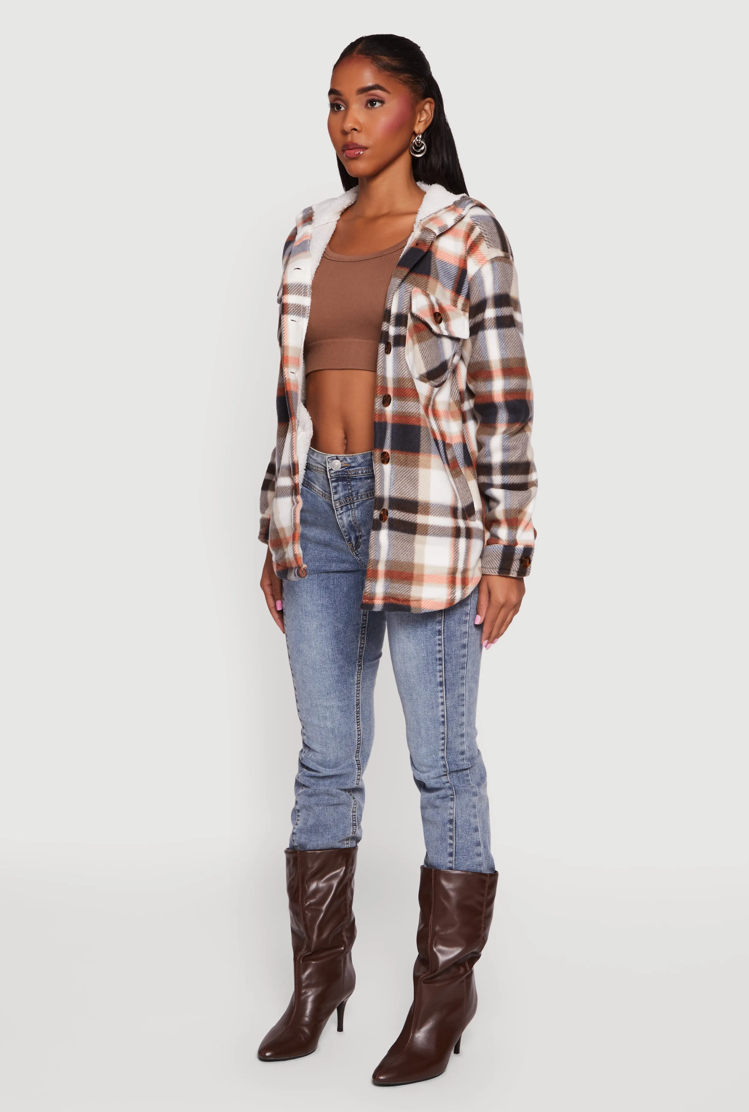 Plaid Sherpa Lined Hooded Button Front Shacket sold by Rainbow product image thumbnail 5