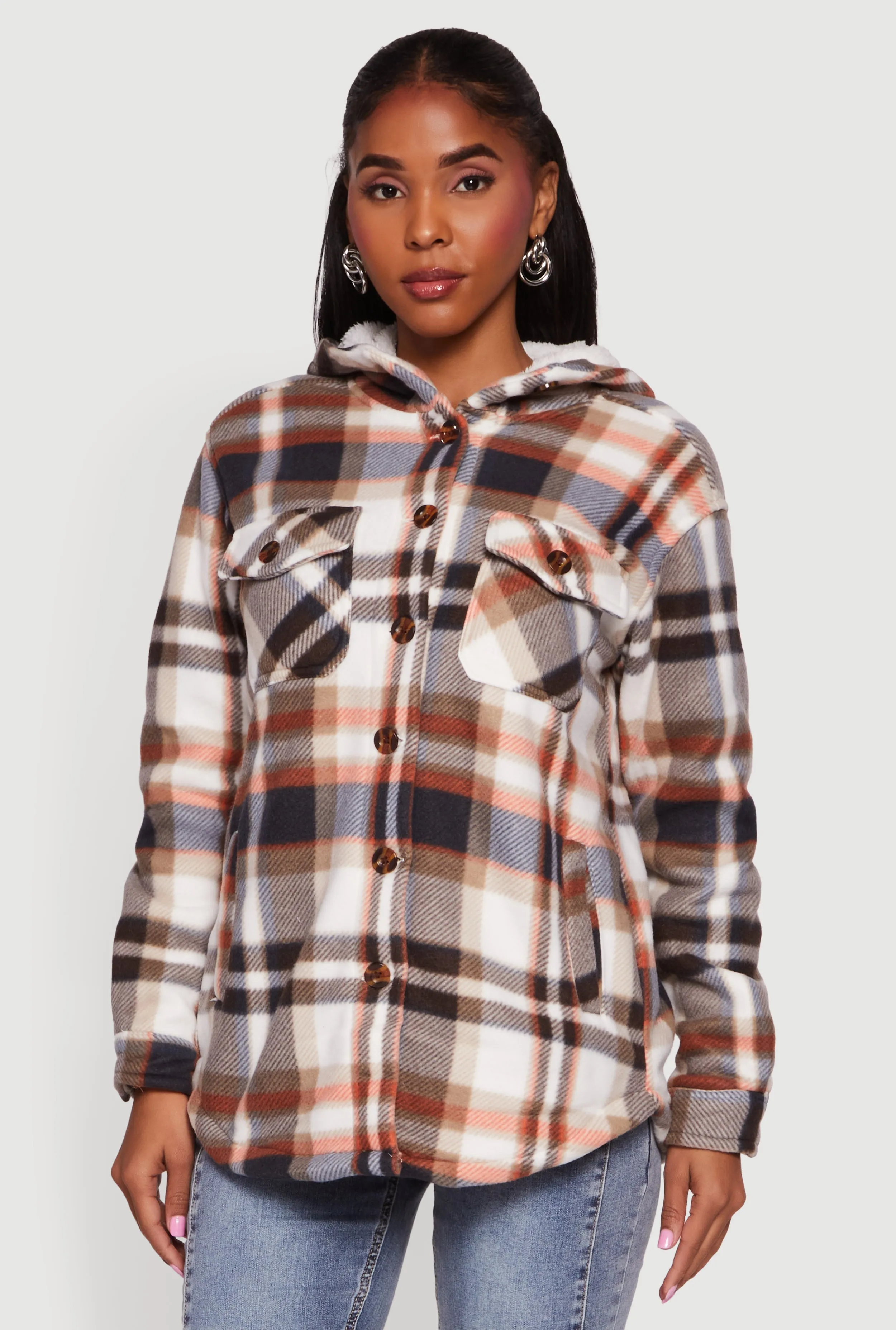 Plaid Sherpa Lined Hooded Button Front Shacket sold by Rainbow product image thumbnail 2