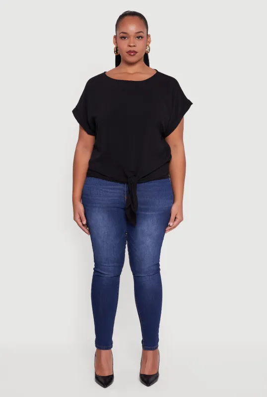 Plus Size Crepe Knit Boat Neck Tie Front Blouse sold by Rainbow