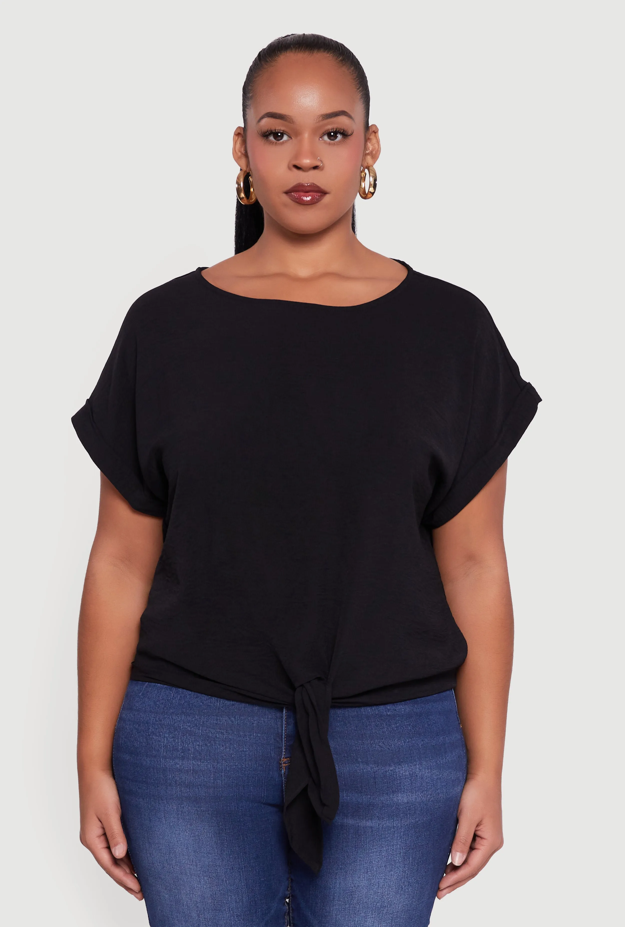 Plus Size Crepe Knit Boat Neck Tie Front Blouse sold by Rainbow product image thumbnail 2