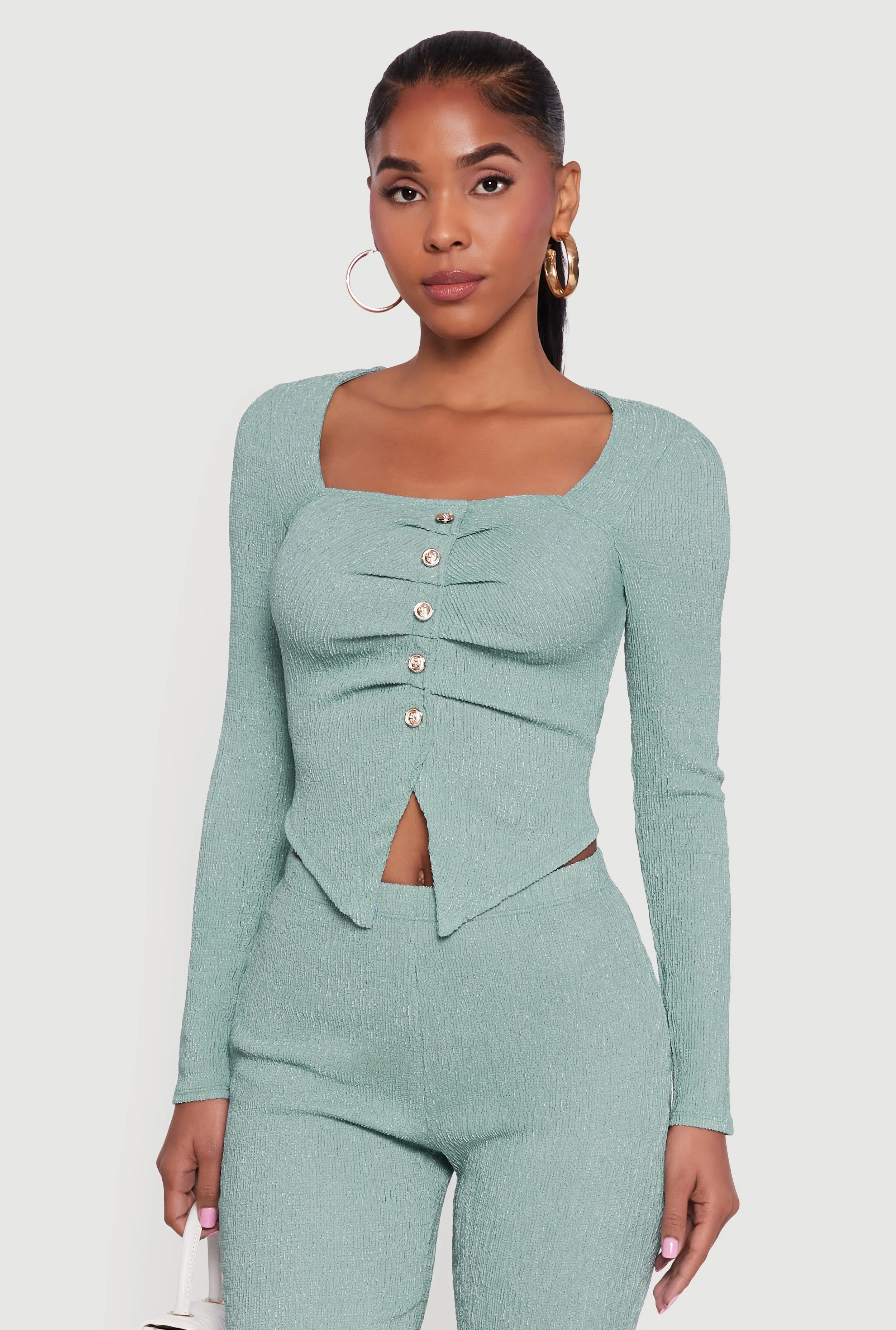 Faux Button Long Sleeve Textured Knit Blouse sold by Rainbow product image thumbnail 4