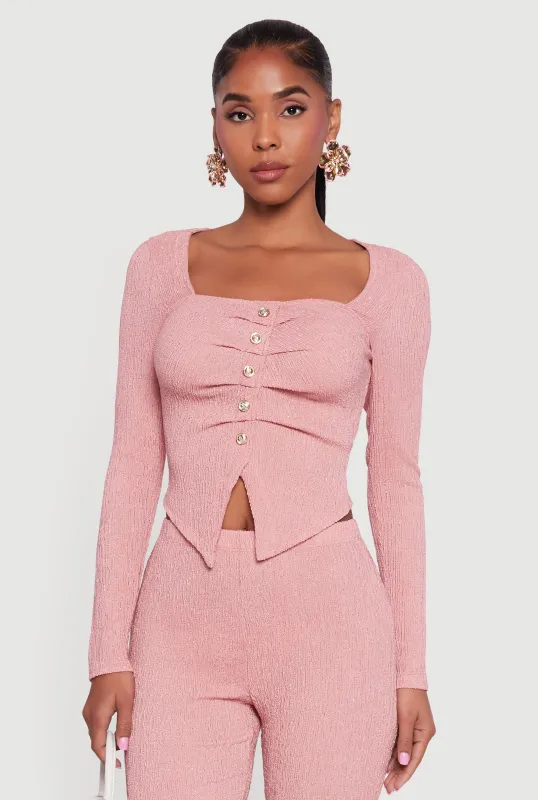 Faux Button Long Sleeve Textured Knit Blouse sold by Rainbow