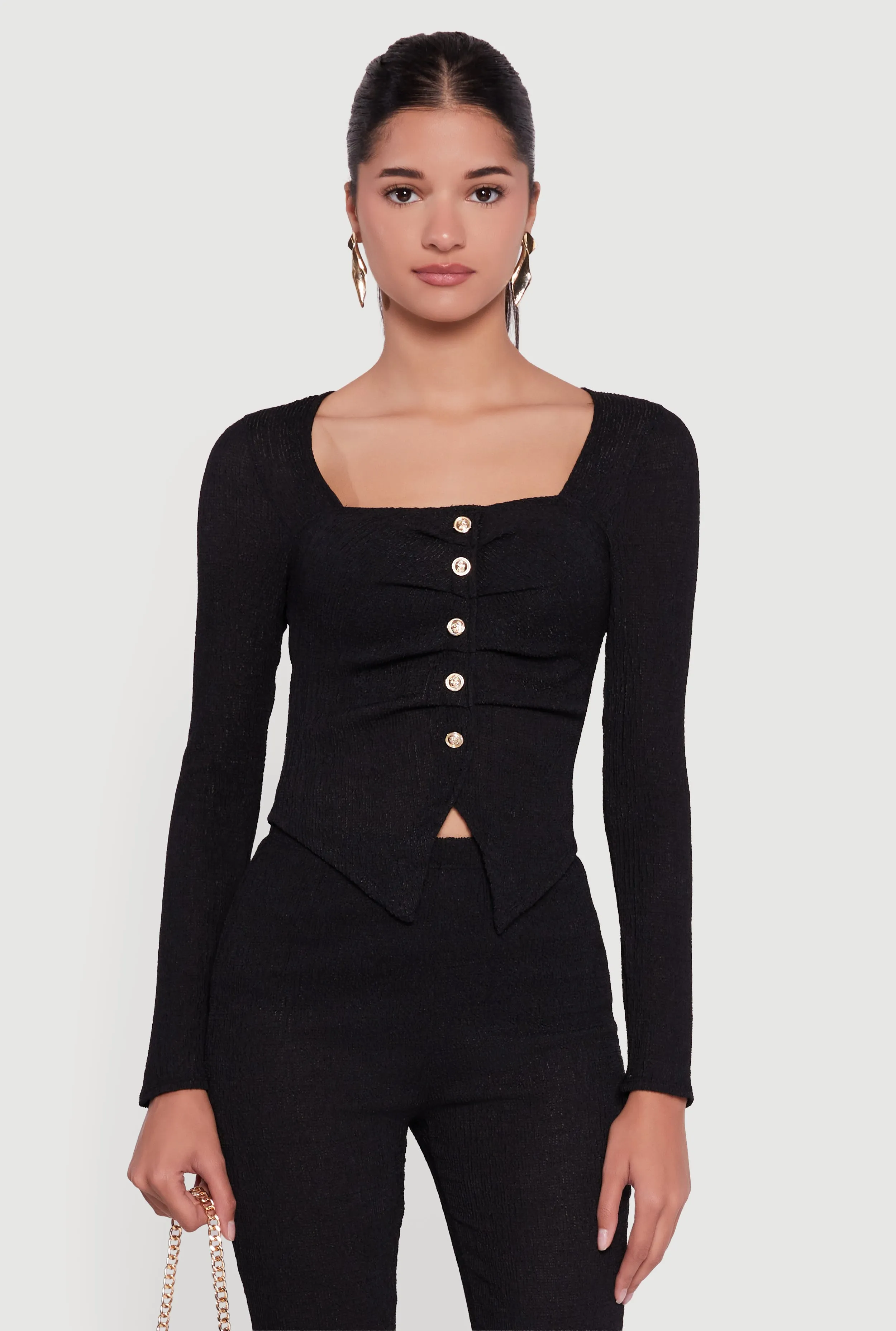 Faux Button Long Sleeve Textured Knit Blouse sold by Rainbow product image thumbnail 2