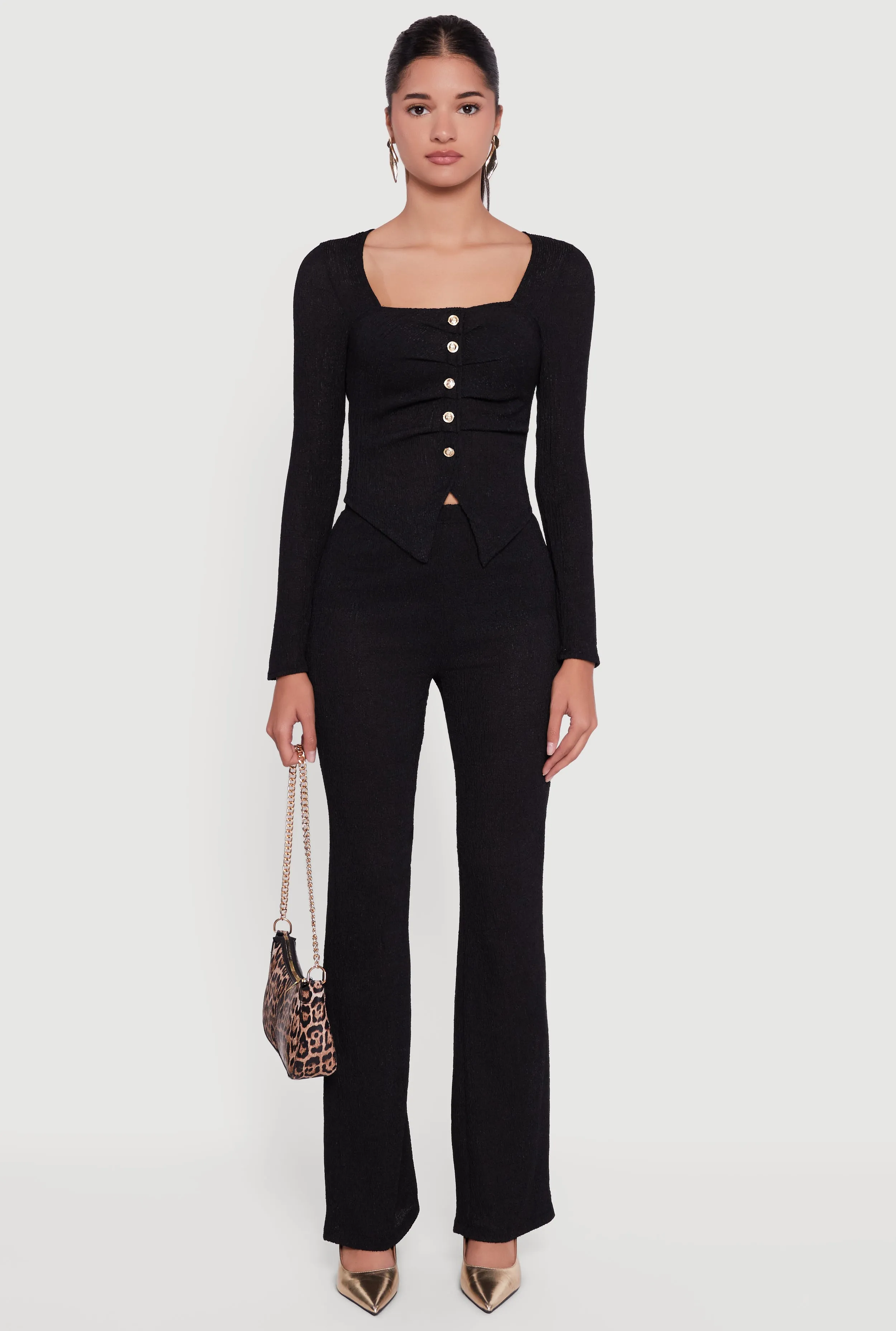 Faux Button Long Sleeve Textured Knit Blouse sold by Rainbow product image thumbnail 3