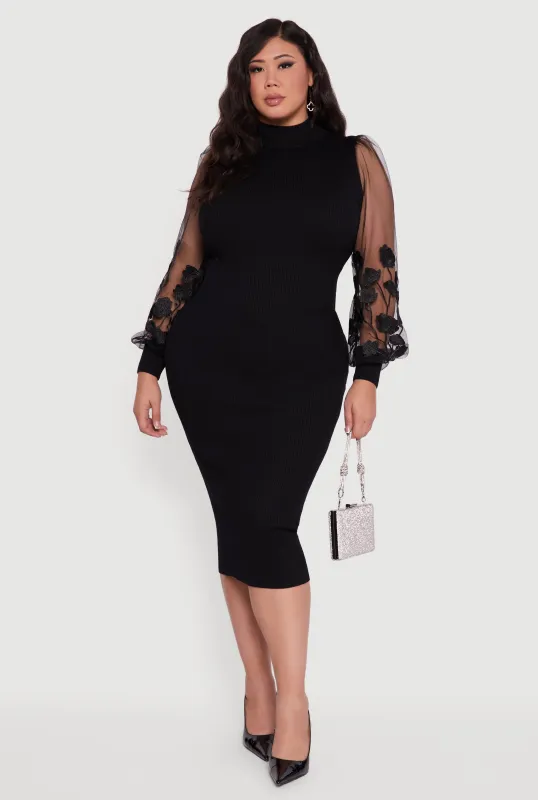 Plus Size Embroidered Floral Mesh Sleeve Sweater Dress sold by Rainbow