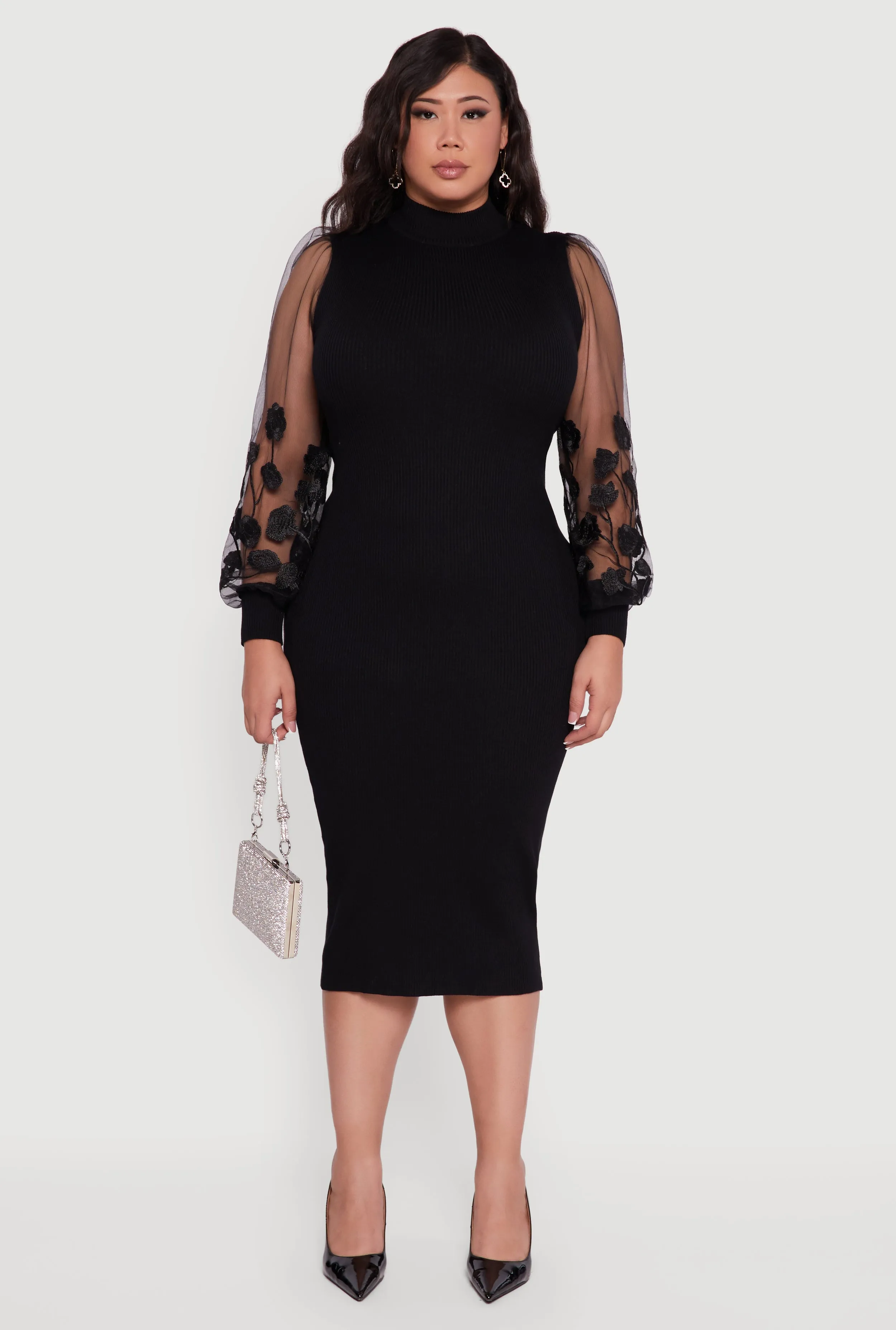 Plus Size Embroidered Floral Mesh Sleeve Sweater Dress sold by Rainbow product image thumbnail 2