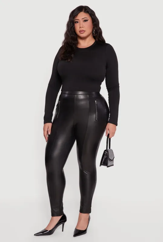 Plus Size Zip Detail High Waisted Faux Leather Leggings sold by Rainbow