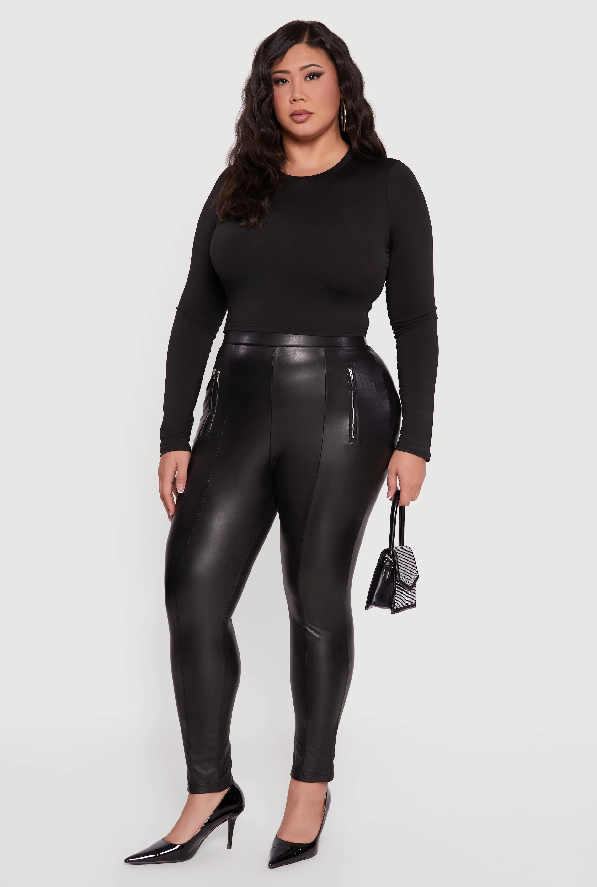 Plus Size Zip Detail High Waisted Faux Leather Leggings sold by Rainbow