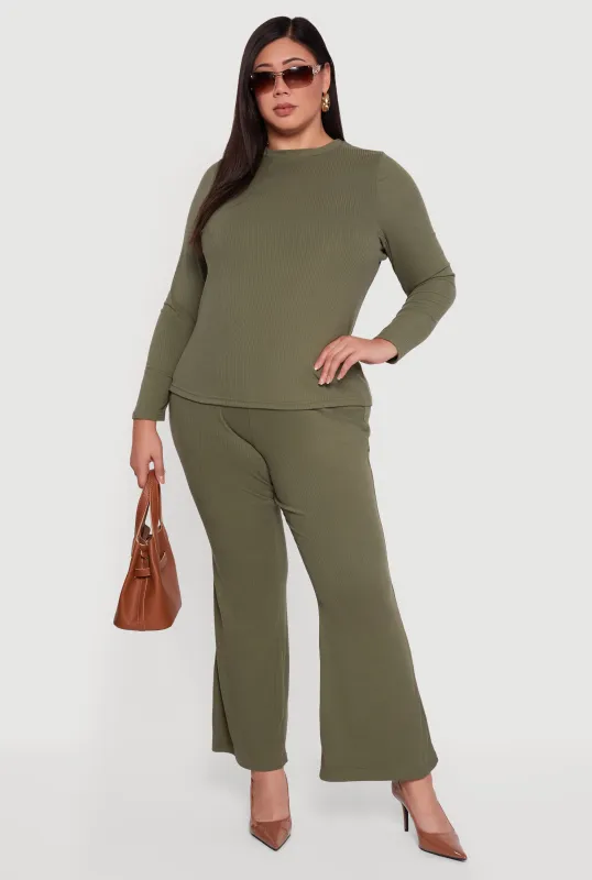 Plus Size High Waisted Rib Knit Flare Leg Pants sold by Rainbow