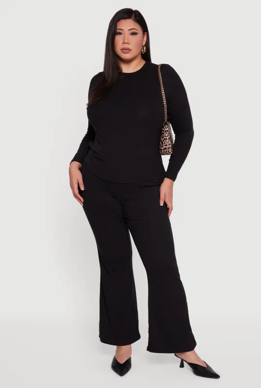 Plus Size High Waisted Rib Knit Flare Leg Pants sold by Rainbow