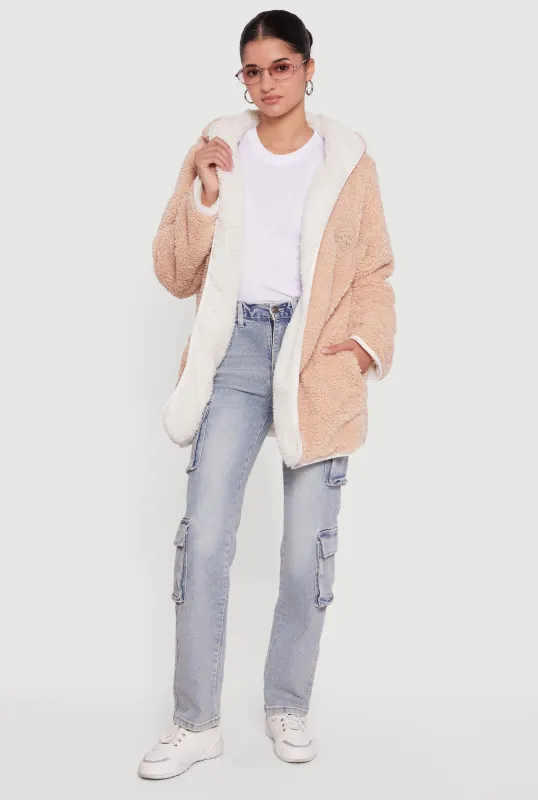 Hooded Color Blocked Reversible Sherpa Jacket sold by Rainbow