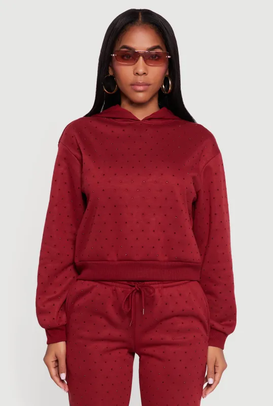 Almost Famous Rhinestone Studded Fleece Pullover Hoodie sold by Rainbow