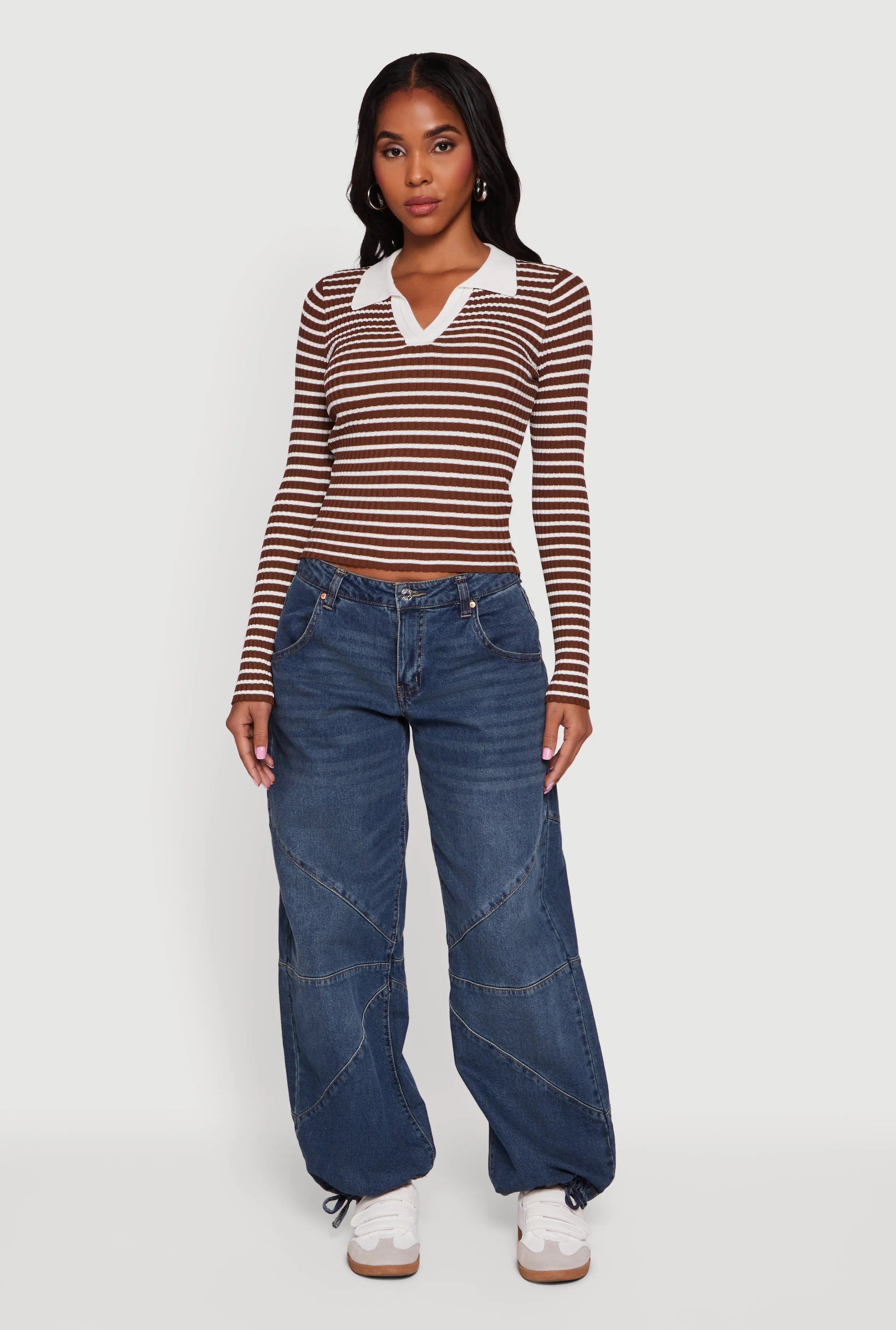 Striped Rib Knit Long Sleeve Polo Sweater sold by Rainbow product image thumbnail 2