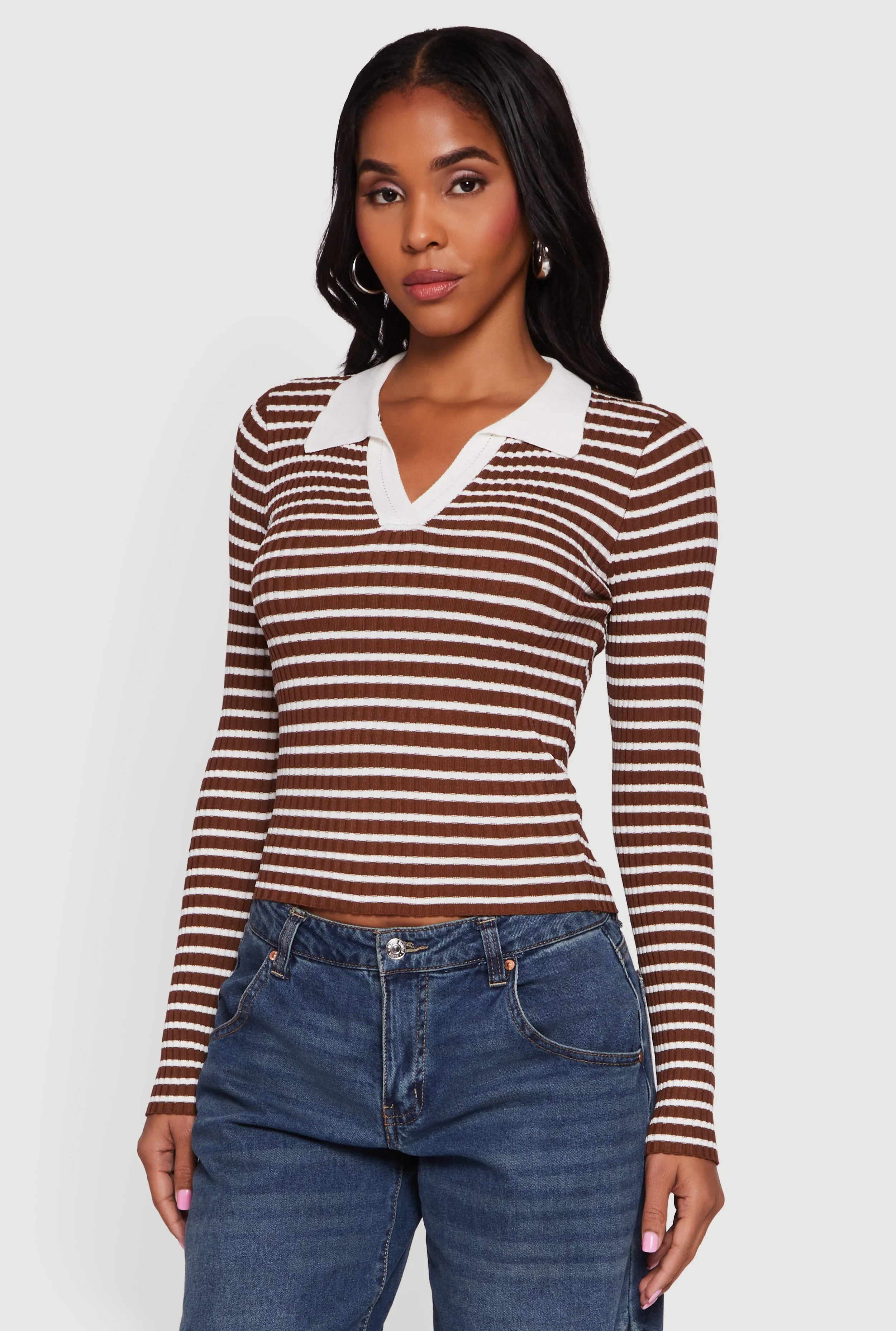 Striped Rib Knit Long Sleeve Polo Sweater sold by Rainbow product image thumbnail 2