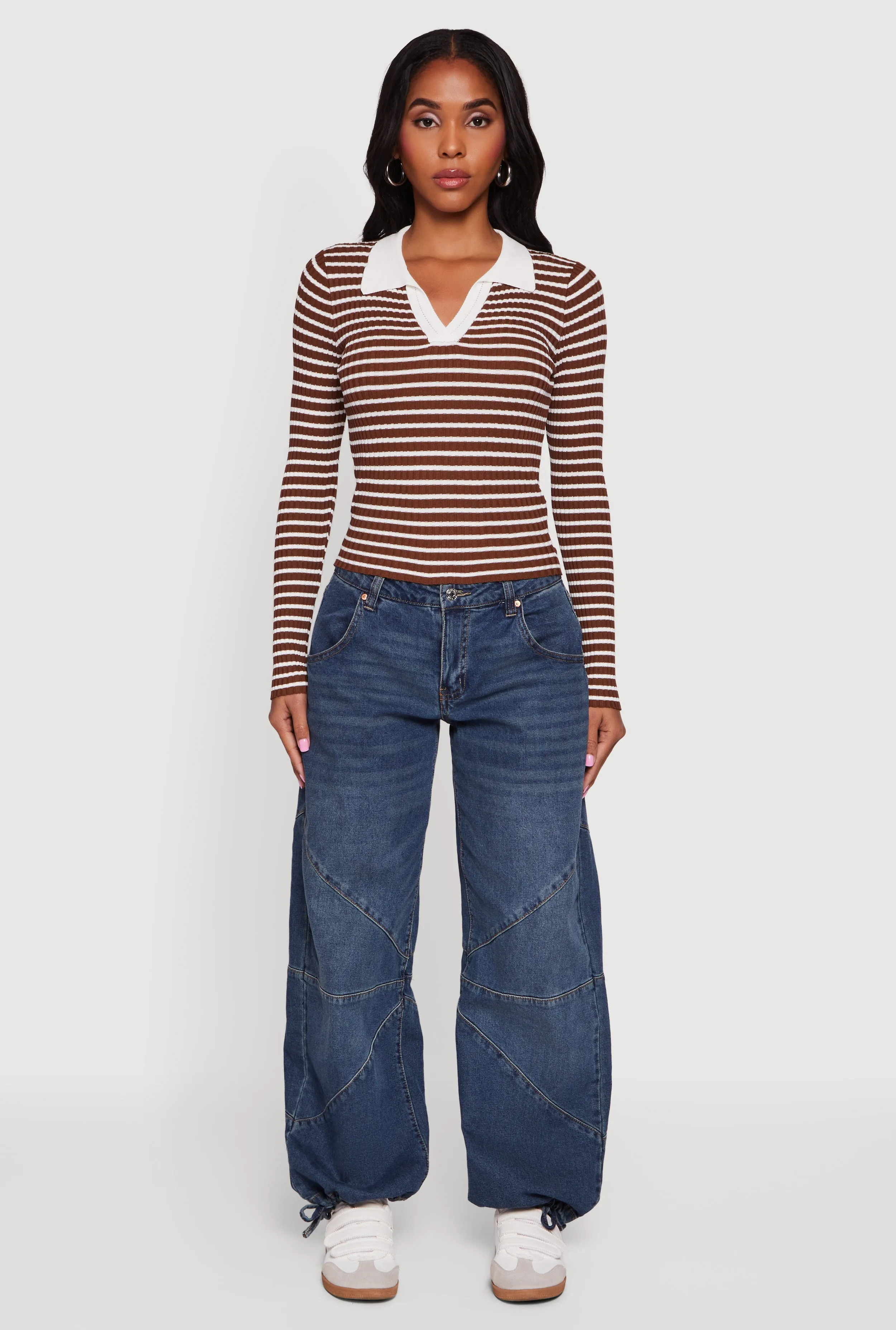 Striped Rib Knit Long Sleeve Polo Sweater sold by Rainbow product image thumbnail 3