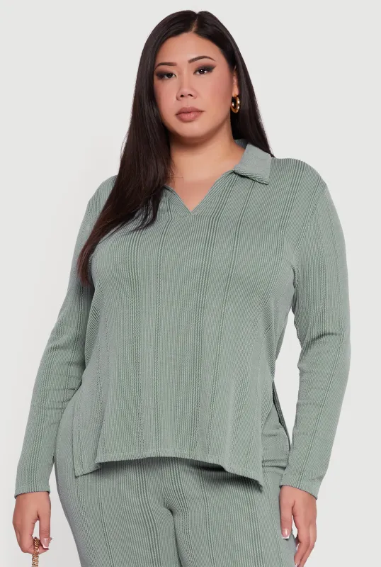 Plus Size Ribbed Knit Shadow Stripe Side Slit Top sold by Rainbow