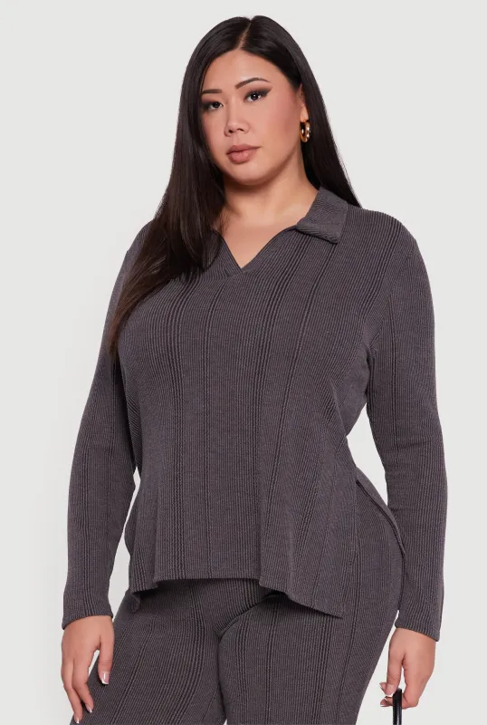 Plus Size Ribbed Knit Shadow Stripe Side Slit Top sold by Rainbow