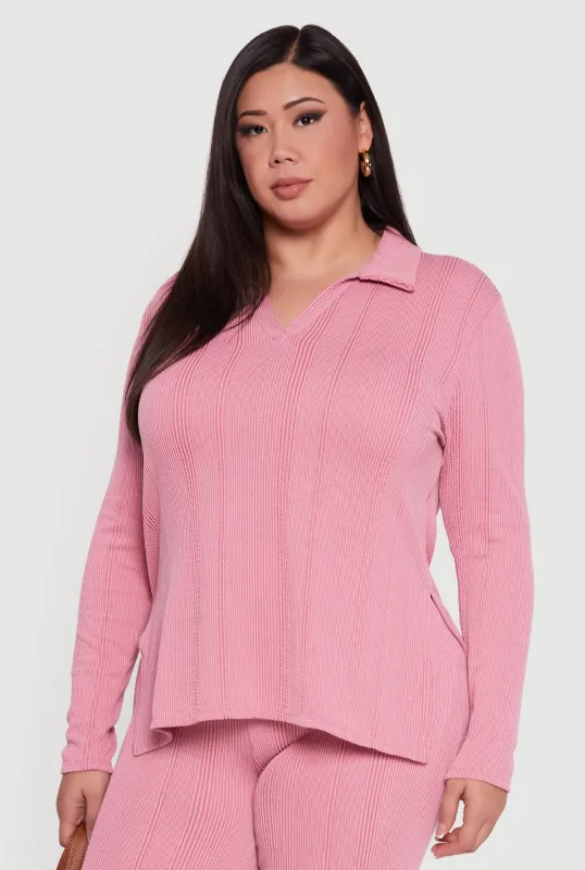 Plus Size Ribbed Knit Shadow Stripe Side Slit Top sold by Rainbow