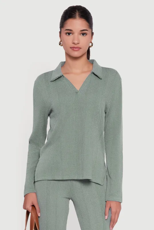 Ribbed Knit Long Sleeve Johnny Collar Polo Shirt sold by Rainbow