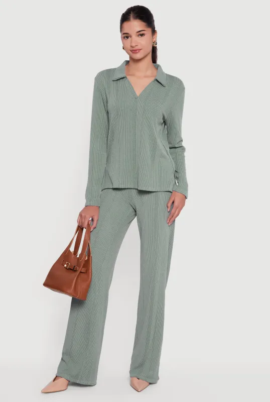 High Waisted Ribbed Knit Straight Leg Pants sold by Rainbow