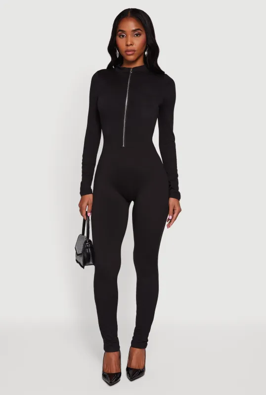 Mock Neck Zip Front Fleece Lined Jumpsuit sold by Rainbow