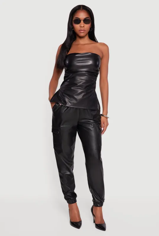 Faux Leather High Waisted Fleece Lined Cargo Joggers sold by Rainbow