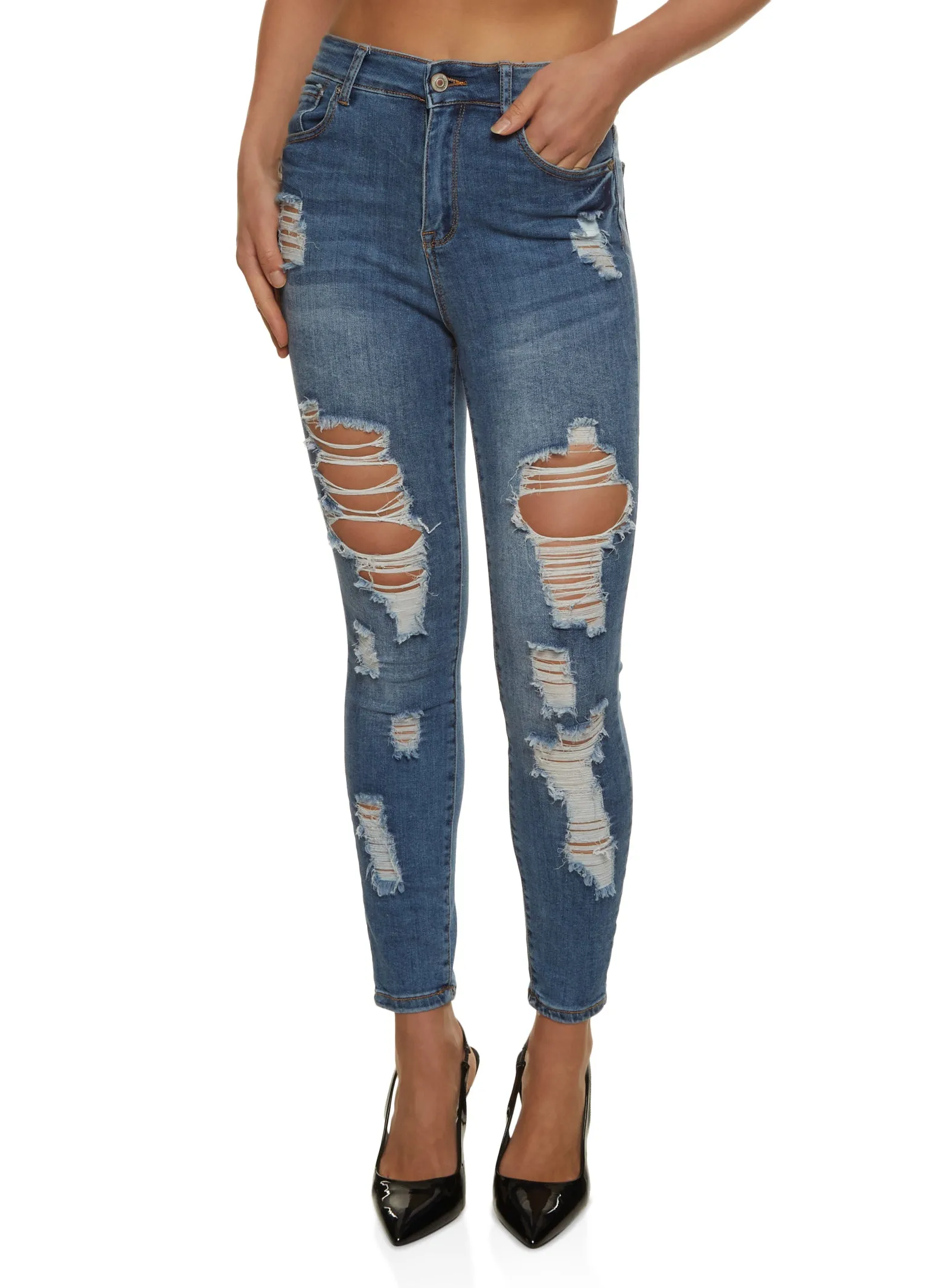 Sky Distressed Leg High Rise Skinny Jeans sold by Rainbow product image thumbnail 3