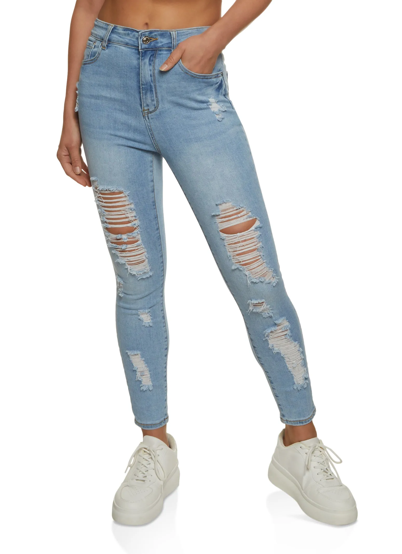 Sky Distressed Leg High Rise Skinny Jeans sold by Rainbow product image thumbnail 2