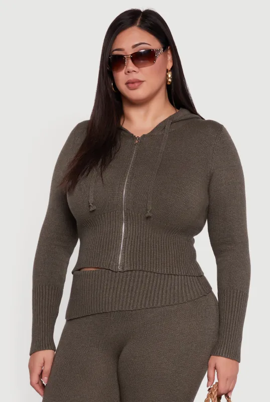 Plus Size Zip Front Hooded Ribbed Knit Cropped Sweater sold by Rainbow