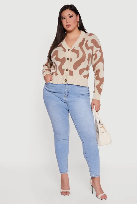 Plus Size Swirl Print Button Front Long Sleeve Cardigan sold by Rainbow