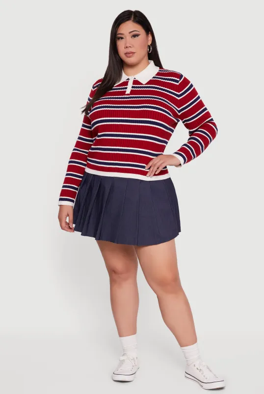 Plus Size Striped Rib Knit Polo Sweater sold by Rainbow