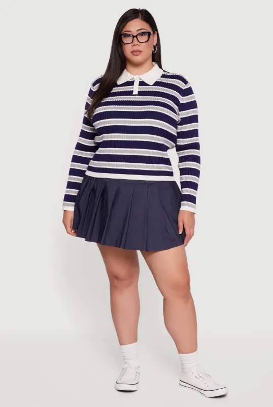Plus Size Striped Rib Knit Polo Sweater sold by Rainbow