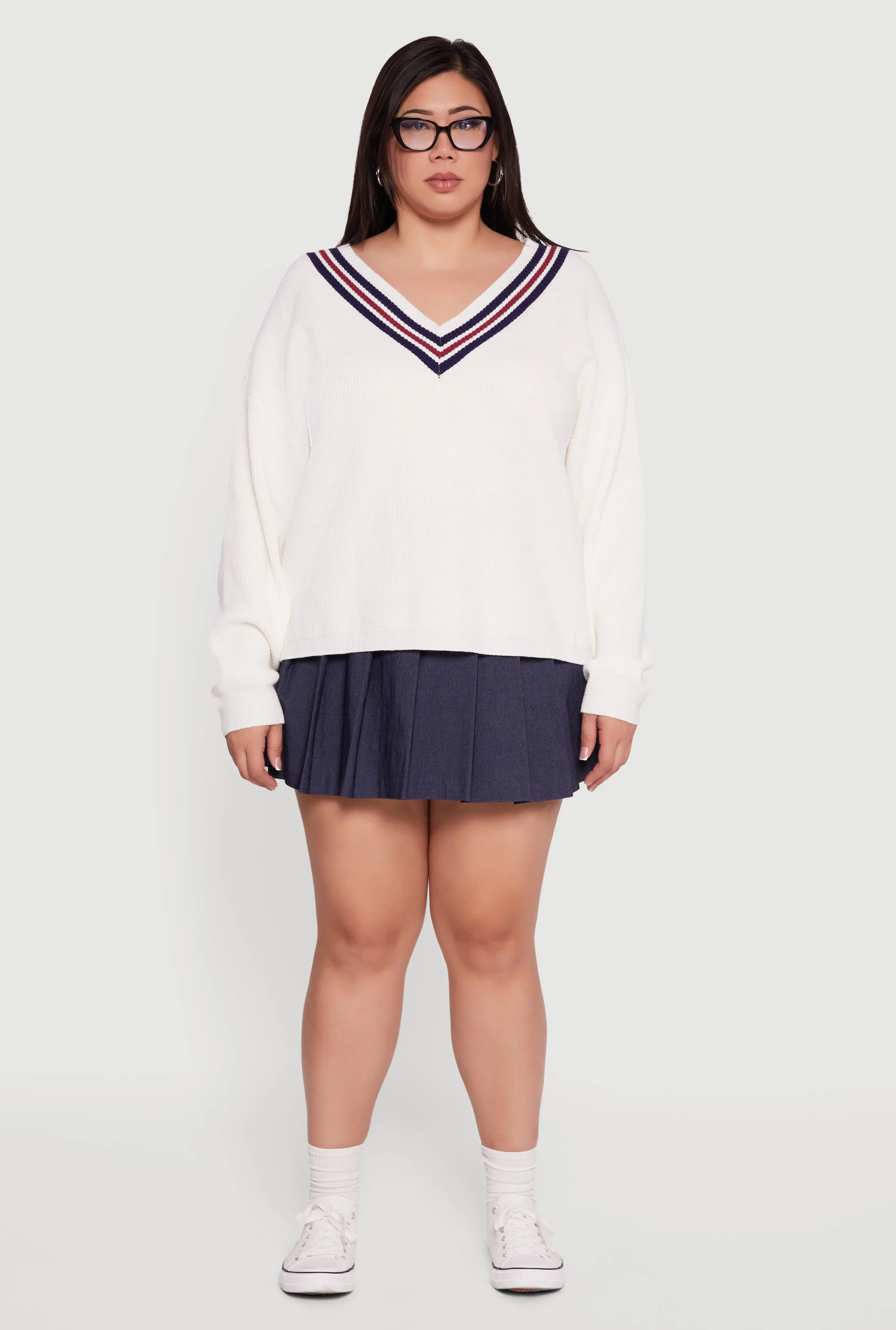 Plus Size Oversized Varsity Stripe V Neck Sweater sold by Rainbow product image thumbnail 3
