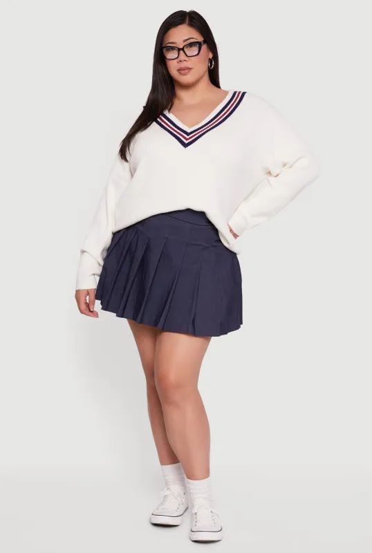 Plus Size Oversized Varsity Stripe V Neck Sweater sold by Rainbow