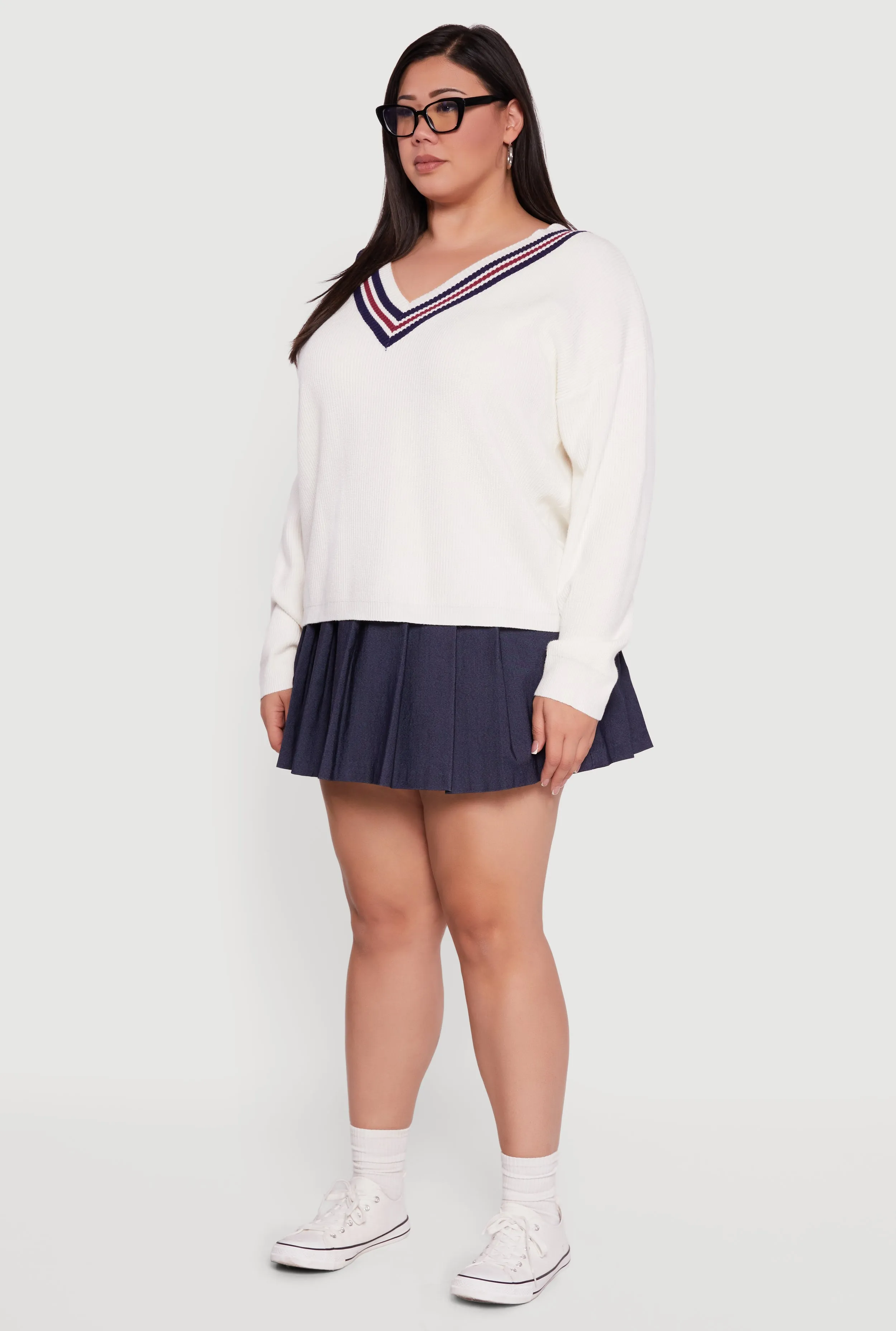 Plus Size Oversized Varsity Stripe V Neck Sweater sold by Rainbow product image thumbnail 5