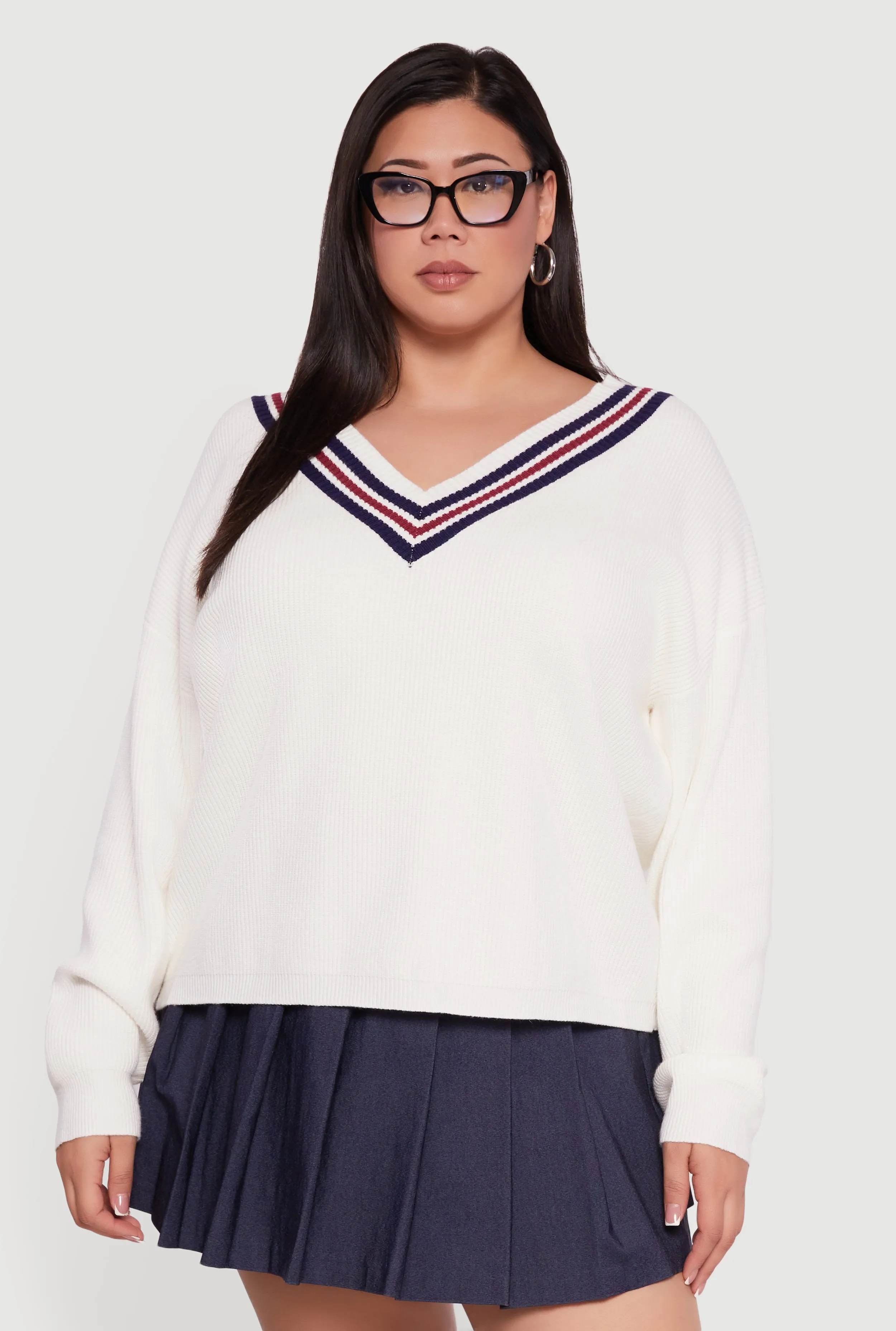 Plus Size Oversized Varsity Stripe V Neck Sweater sold by Rainbow product image thumbnail 2