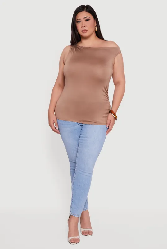 Plus Size Sleeveless Boat Neck Ruched Blouse sold by Rainbow