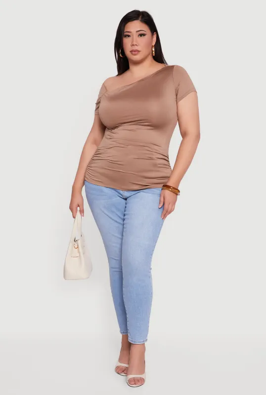Plus Size One Shoulder Side Ruched Blouse sold by Rainbow