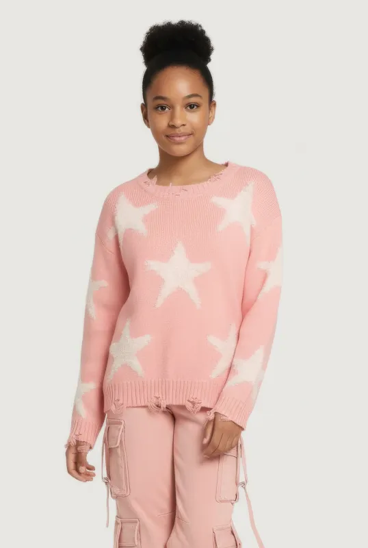 Girls Boucle Star Print Distressed Sweater sold by Rainbow