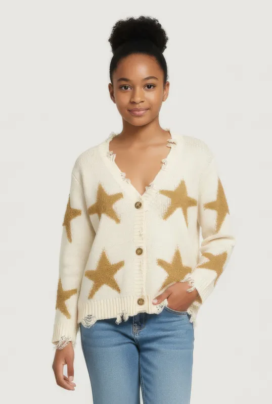 Girls Star Embroidered Distressed Detail Cardigan sold by Rainbow