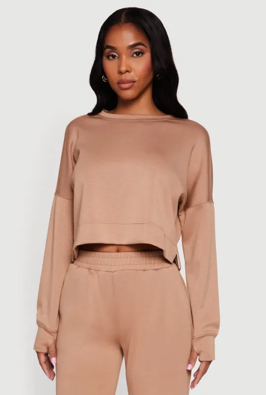 Crew Neck Pullover Crop Top with Thumb Holes sold by Rainbow