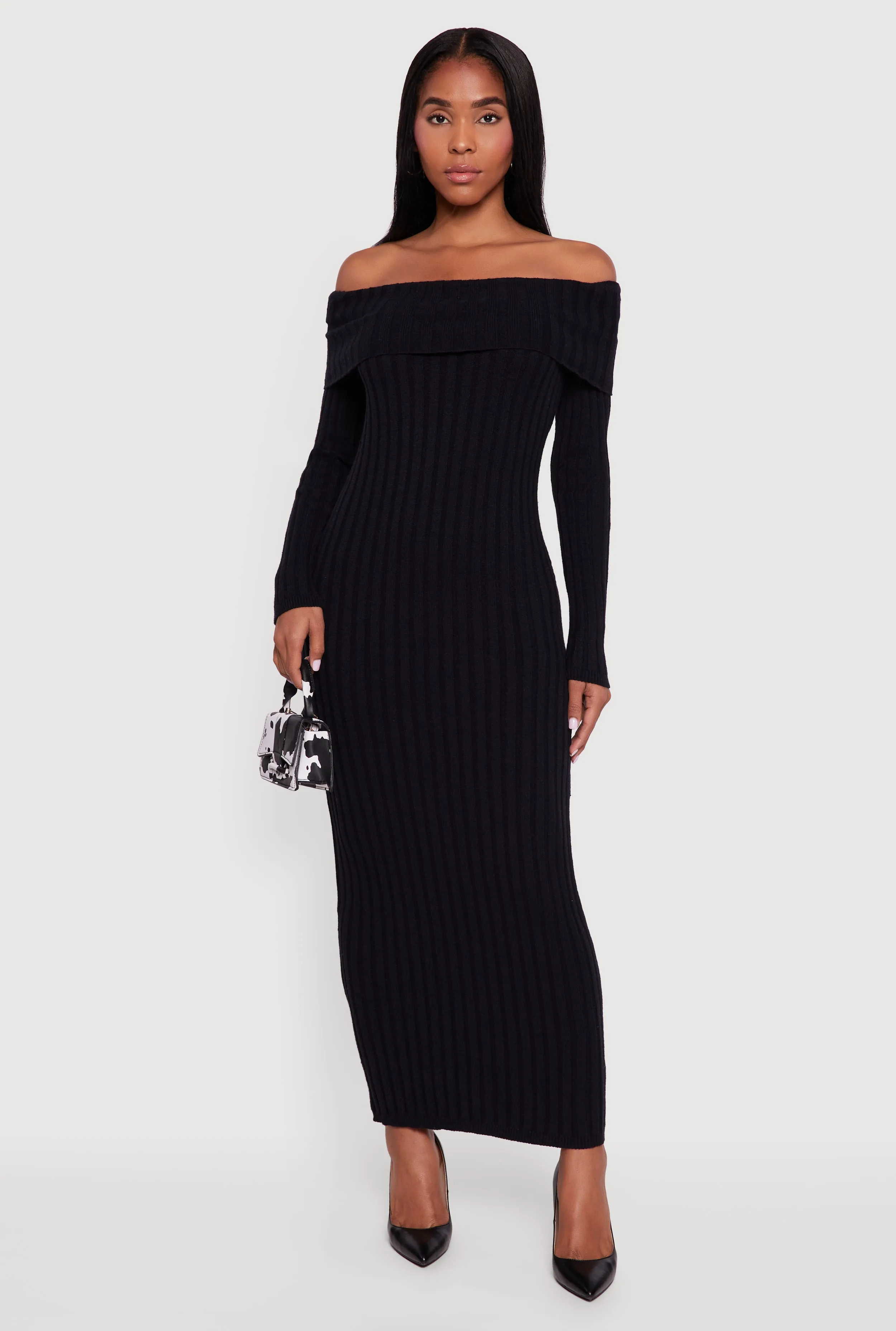 Rib Knit Fold Over Off the Shoulder Maxi Dress sold by Rainbow product image thumbnail 2