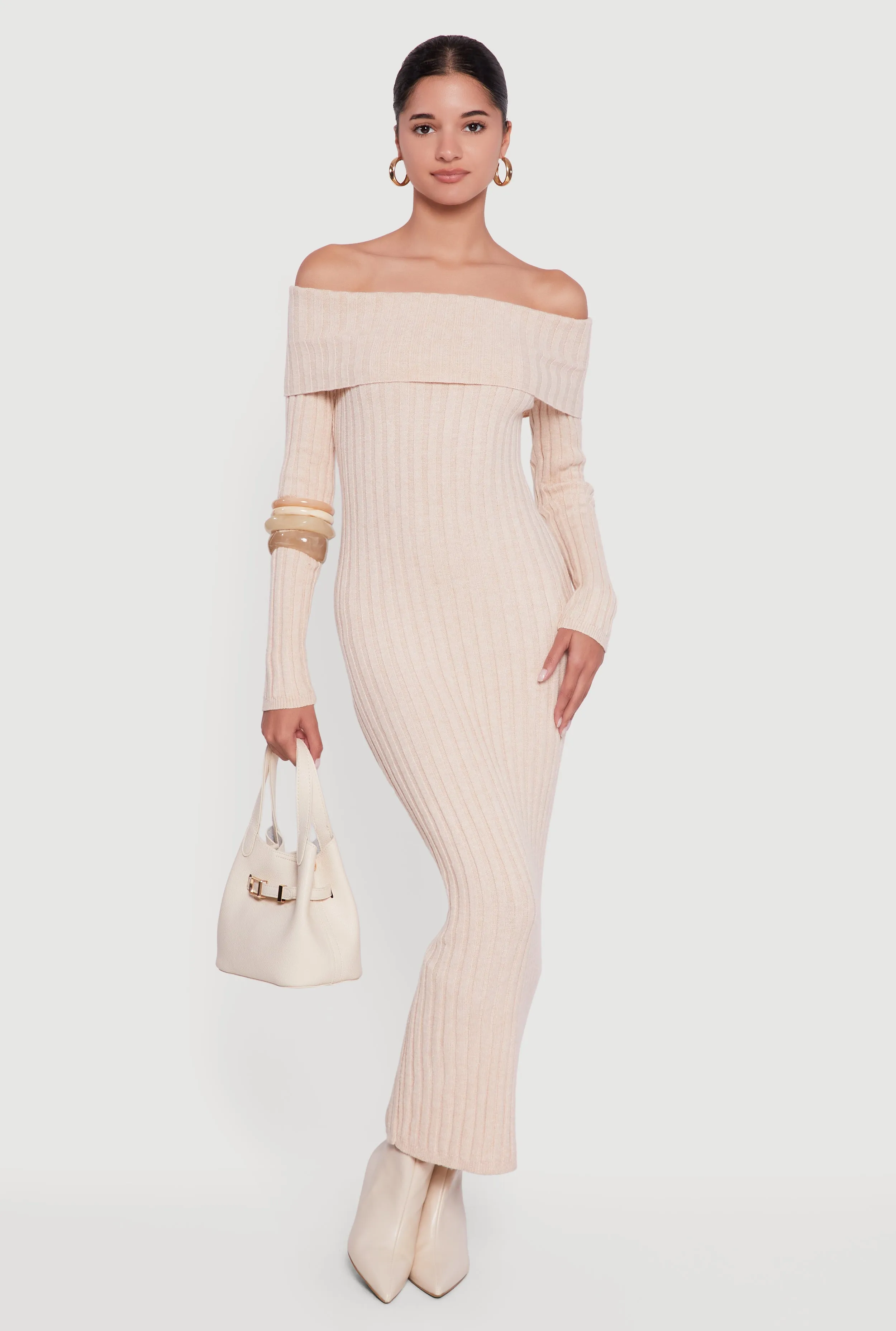 Rib Knit Fold Over Off the Shoulder Maxi Dress sold by Rainbow product image thumbnail 3