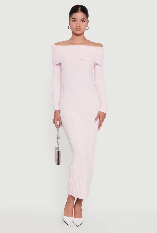 Rib Knit Fold Over Off the Shoulder Maxi Dress sold by Rainbow