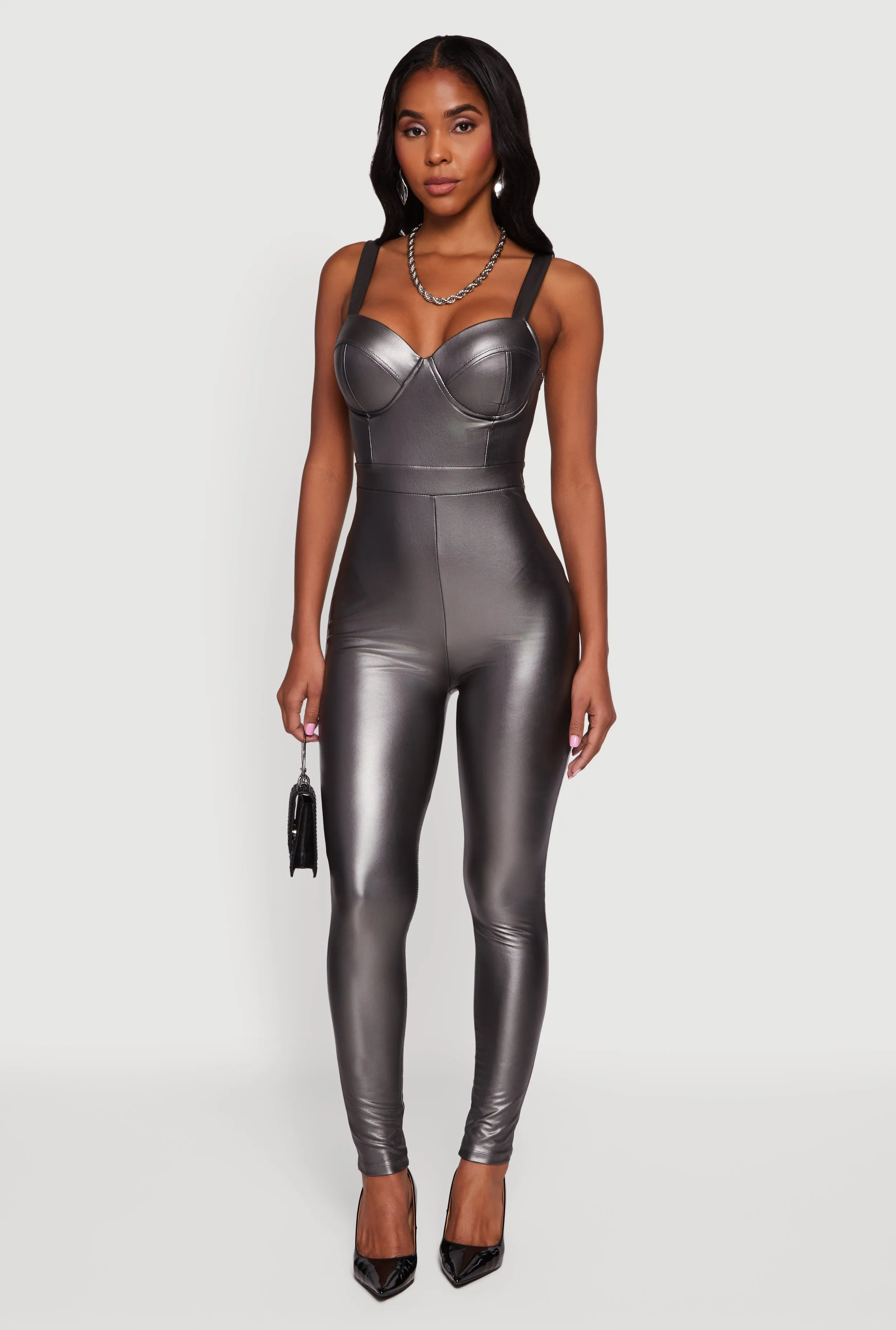 Faux Leather Sweetheart Corset Jumpsuit sold by Rainbow