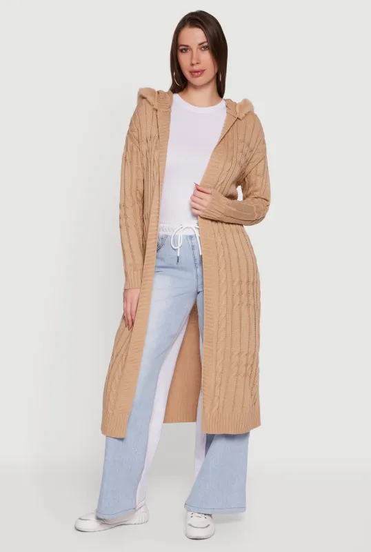 Faux Fur Trim Cable Knit Hooded Duster sold by Rainbow